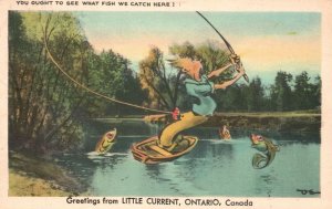 Vintage Postcard Catch Fish Here Greetings From Little Current Ontario Canada