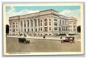 Vintage 1920's Postcard Antique Auto High School Building Wheeling West Virginia