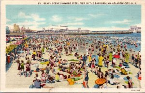 Postcard NJ Atlantic City  1930s beach scene showing steel pier in background