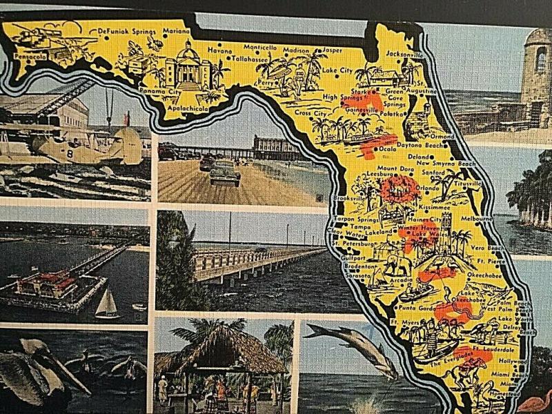 Postcard 1952 Florida Map and 10 Pictures of Florida Landmarks.   U1