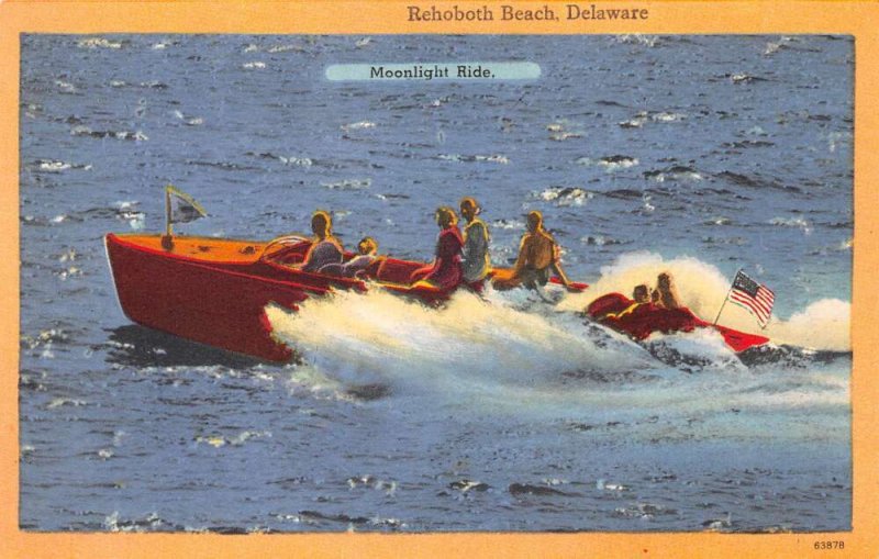 Rehoboth Beach Delaware Moonlight Ride Motor Boat Vintage Postcard AA61876