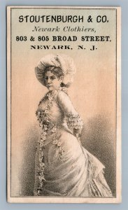 NEWARK NJ ANTIQUE VICTORIAN TRADE CARD STOUTENBURGH & CO. CLOTHIER'S ADVERTISING