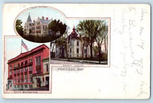 Portage Wisconsin WI Postcard High School Court House City Building 1907 Vintage