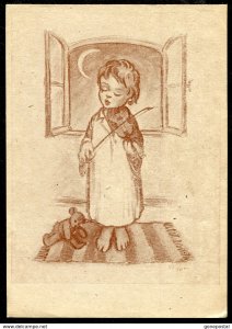 dc499 - Germany 1940s Artist Signed Postcard. Fiddler Boy with Teddy Bear
