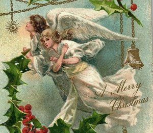 c1907 Postcard Christmas Wings Cute Sisters Holly Berries Bells Embossed Merry  