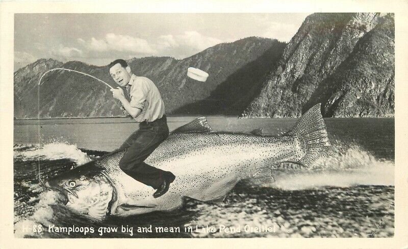 1949 Kamploops Big fish Exaggeration Lake Pend Oreille  RPPC Postcard 22-11185