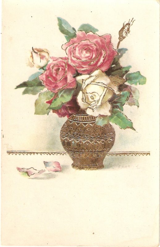 Beautiful roses in a vasevase Nice old vintage postcard