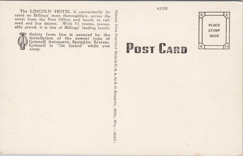 The Lincoln Hotel Billings MT Montana McArty's Restaurant Unused Postcard G41