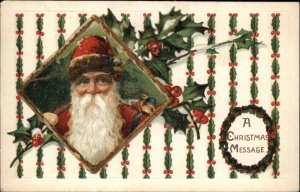 Christmas Santa Claus Holly Wreath Embossed c1900s-20s Postcard