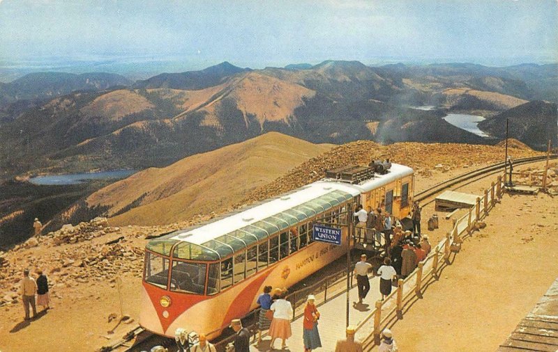 PIKES PEAK Colorado Railroad Cog Train at Summit c1950s Vintage Postcard