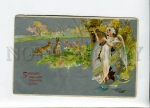 3156713 EASTER Winged ANGEL in EGG w/ HARP & RABBITS Vintage PC