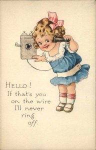 Gibson Little Girl on Old Telephone Vintage Postcard