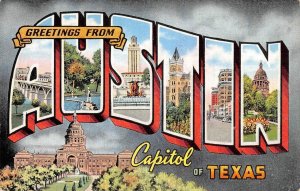 AUSTIN, TEXAS Large Letter Greetings State Capitol 1940s Linen Vintage Postcard