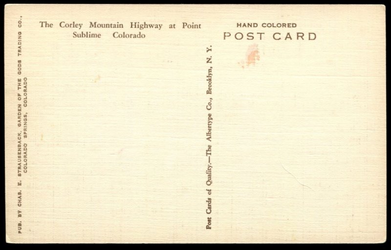 Corley Mountain Highway at Point Sublime, CO. Albertype Co. hand colored linen