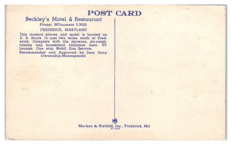 Beckley's Motel & Restaurant, Frederick, MD Postcard