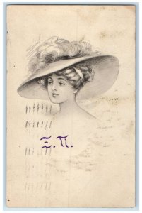 1911 Victorian Pretty Woman Big Hat Feather Kankakee Illinois IL Posted Postcard