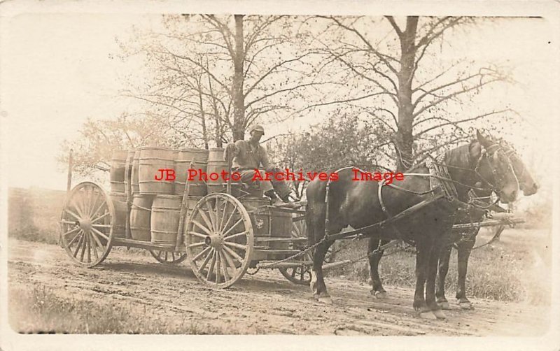 Black Americana, RPPC, Worker with Horse Drawn Wagon Full of Barrels