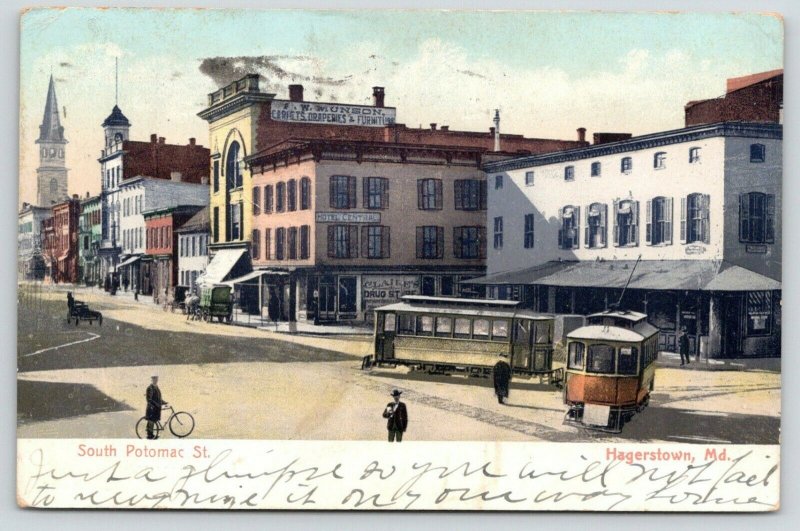 Hagerstown MD~South Potomac Street~Munson Furniture~Hotel Central~Trolleys~1907 