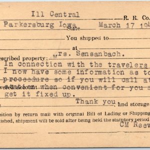 1942 Parkersburg IA Depot Illinois Central Railway Freight Receipt Postcard A178