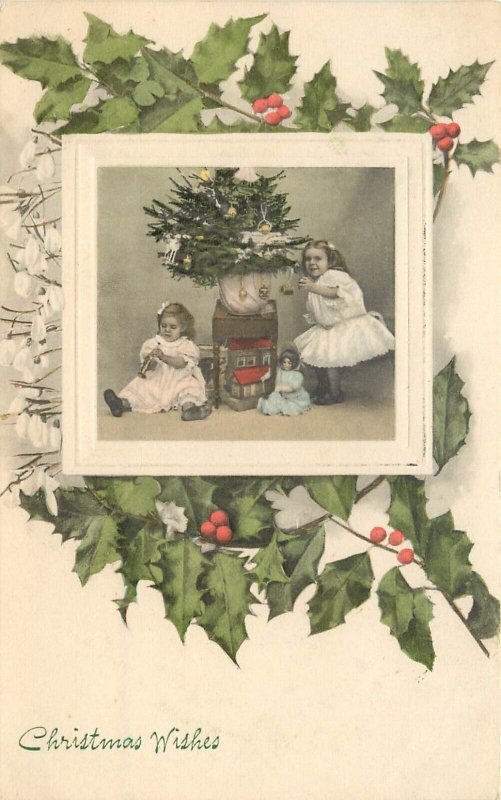 c1911 Christmas Postcard Little Girls Doll & Dollhouse under Tree, Art de Vienne