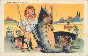 1907 Ray Walters Fishing Exaggeration Comic Humor Teich linen postcard 7869