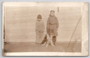 RPPC Edwardian Children Boy Girl With Dog Real Photo Postcard V26