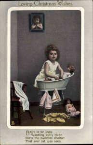 Tuck Gem Glosso Christmas Little Girl Washing Dolly Washtub c1910 Postcard