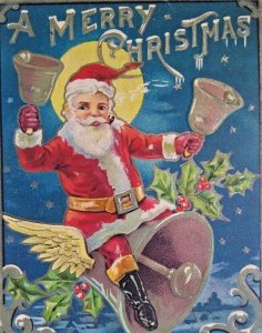 Santa Claus Christmas Postcard Kris Kringle Fantasy Flying Bell Craft Full Moon