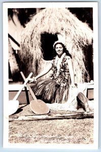 Hawaii HI Postcard RPPC Photo Hula Girl With Outrigger Canoe Hawaiian Island