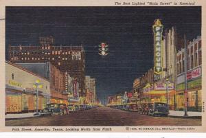 Texas Amarillo Polk Street Looking North From Ninth At Night 1948 Curteich