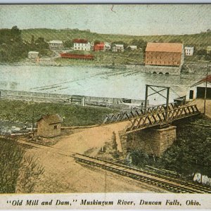 c1970s Duncan Falls, Philo, OH Old Mill Dam Bridge Muskingum River PC Repro A210