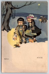 French Artist Kate J Fricero~Children At Night Carry Lantern~Pitie Bird~c1910