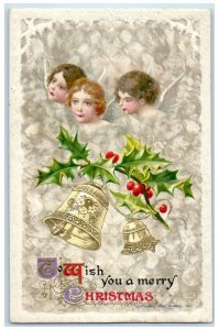 1910 Christmas Angels Ringing Bells Berries John Winsch Artist Signed Postcard