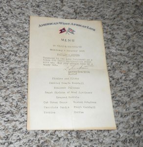 1945 American West African Line Cruise Ship Boat Restaurant Menu