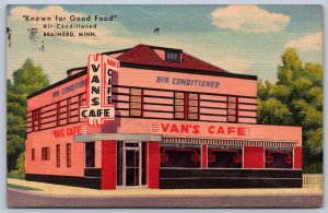 K31/ Brainerd Minnesota Postcard Linen Van's Cafe Art Deco Sign 324