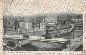 GENEVE SWITZERLAND TO USA TROLLEY BRIDGE & TOWN VIEW POSTCARD 1908