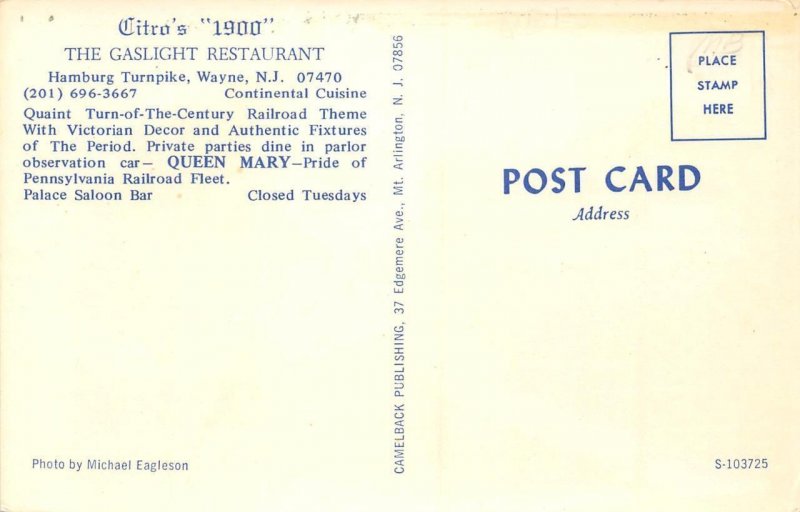 Citro's 1900 Gaslight Restaurant Wayne, NJ Train Roadside Vintage Postcard