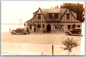 Vtg Arnolds Park Iowa IA Oak Hill Gas Station Cafe Old Cars 1930s RPPC Postcard