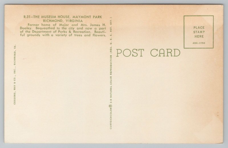 Richmond Virginia~The Museum House~Maymount Park~Vintage Postcard