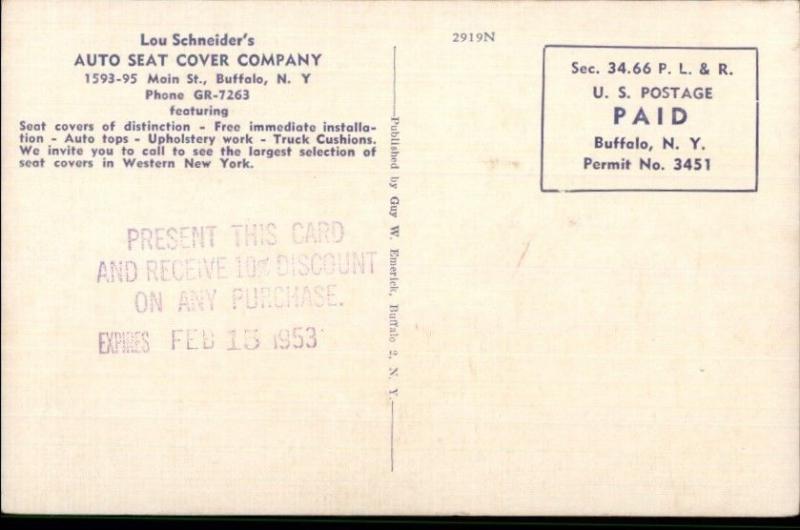 Buffalo NY Auto Seat Cover Co LINEN STOREFRONT c1940s Postcard