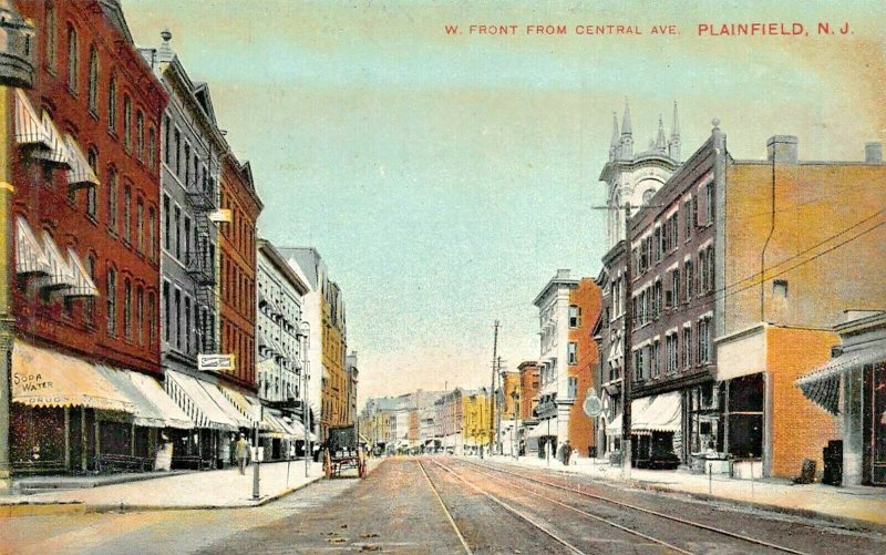 PLAINFIELD NEW JERSEY~W FRONT STREET FROM CENTRAL AVENUE-1910 F G TEMME POSTCARD 