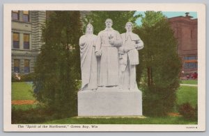 Linen~The Spirit Of The Northwest Statue~Green Bay Wisconsin~Vintage Postcard
