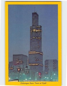 Postcard Picturesque Sears Tower at Night Chicago Illinois USA