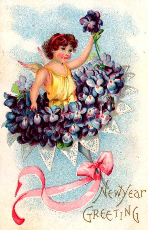 New Year Greeting -  Angel in Flower Bouquet - Embossed - in 1908