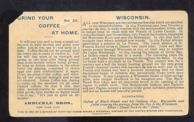 VINTAGE ARBUCKLE BROS. COFFEE VICTORIAN TRADE CARD WISCONSIN ADVERTISING