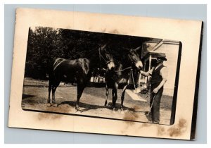 Vintage 1900's RPPC Postcard - Man with Two Horses on the Farm - NICE