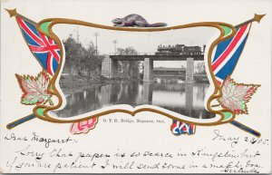 GTR Bridge Napanee Ontario Canada Train Patriotic Maple Leaf Beaver Postcard E94