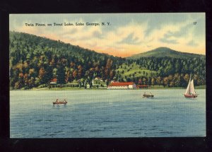 Lake George, New York/NY Postcard, Twin Pines On trout Lake, Boats