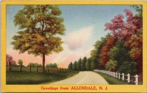 Greetings from Allendale NJ New Jersey Road 1950s NYCE Linen Postcard E77