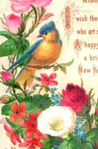 1880 Embossed Victorian New Year Card Blue & Yellow Bird Flowers P149